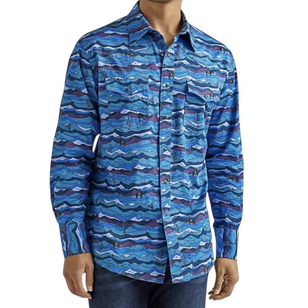 Wrangler Western Shirt Mens XL Blue Desert Landscape Print Snap Front 112338178